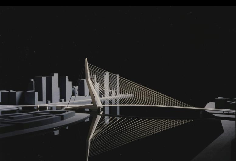 Foto van een tekening een maquette van de Erasmusbrug naar het ontwerp van Ben van Berkel. 1991. Collectie4166, nummer 12508 004