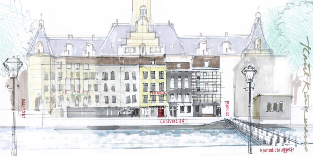 De ingang van Thalia was op de plek waar nu de rechter toegangspoort van het stadhuis is. Beeld: Karel Kindermans, 2021.