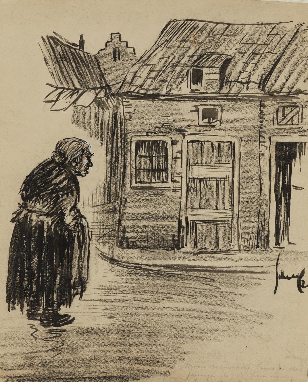 Tekening van een oude vrouw voor een arbeidershuisje