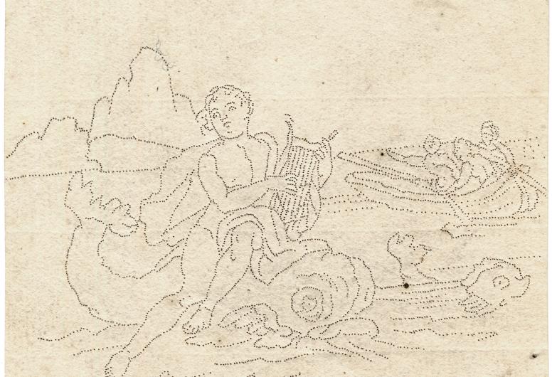 Tegelspons met voorstelling uit de Griekse mythologie: Arion, die overboord gezet is, wordt door een dolfijn aan land gebracht. Collectie 4030, nummer 3121