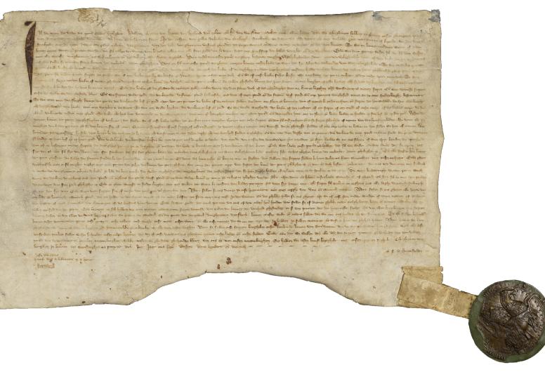 De originele akte van waarin Graaf Willem IV op 7 juni 1340 stadsrechten aan Rotterdam verleend. Oud Stadsarchief. NL-RtSA_1-01_1
